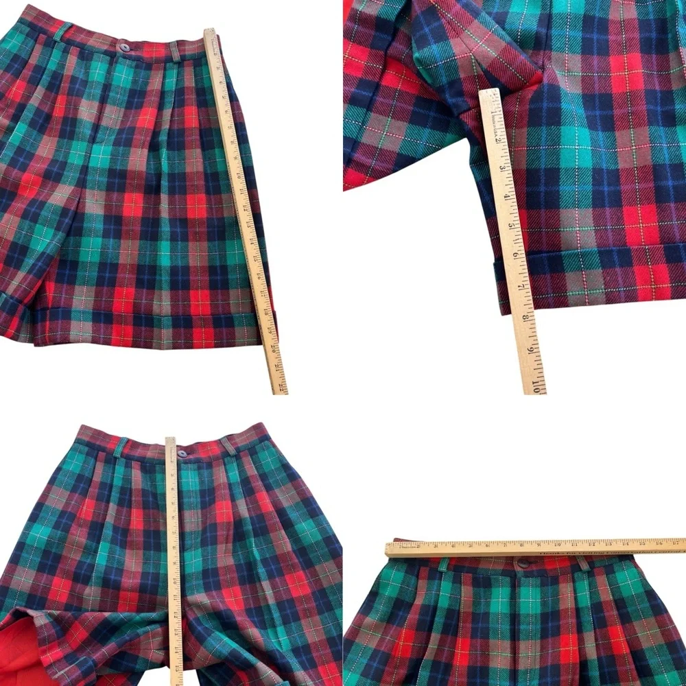 Signature Expressions Women 14 Red Green Plaid Wool Blend Culotte Pleated Shorts